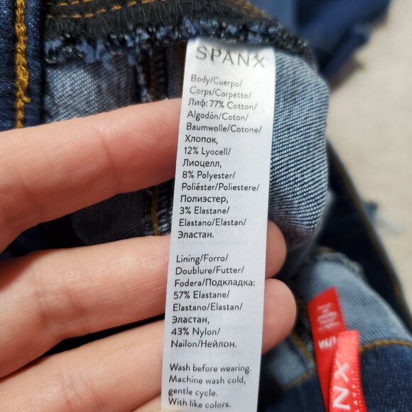 SPANX Cropped Flare Denim Jeans Stretch Raw Hem 2-Tone Blue Women's Medium X 26" - Picture 8 of 13